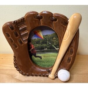 Ceramic Picture Frame Brown BASEBALL GLOVE with BAT and BALL PHOTO Size ~2.5X3.5